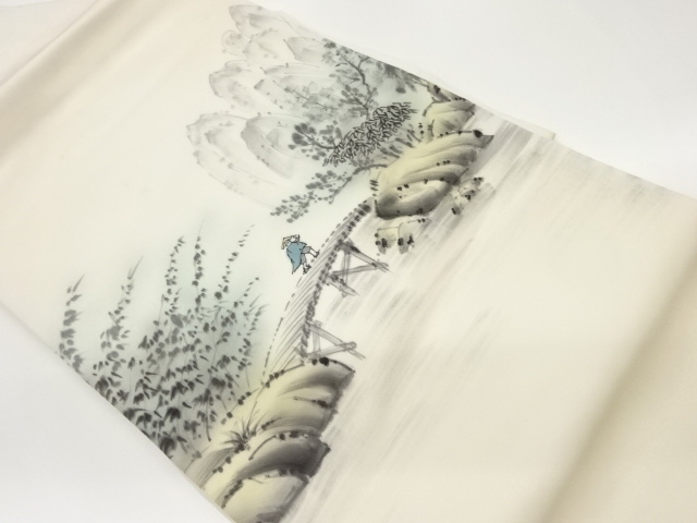 塩瀬手描き風景に橋・人物模様名古屋帯